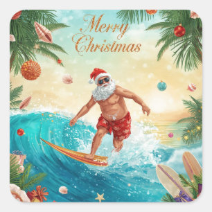 Adesivo Quadrado Natal Alegre Papai Noel Surfando Férias Costeiras