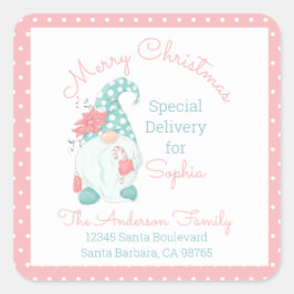 Adesivo Quadrado Natal Alegre Pastel Fofo Nome Personalizado Gnomo