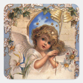 Adesivo Quadrado Natal Antigo, Anjo Vitoriano com Sininhos Dourados