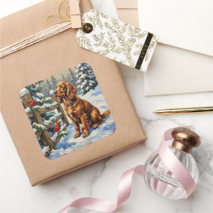 Adesivo Quadrado Natal Antigo com Cocker Spaniel e Cardinals