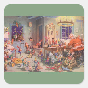 Adesivo Quadrado Natal Antigo, Papai Noel com Oficina de Elfos
