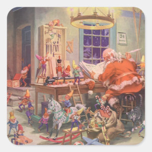 Adesivo Quadrado Natal Antigo, Papai Noel com Oficina de Elfos