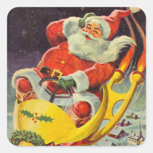 Adesivo Quadrado Natal Antigo, Papai Noel em uma Espaçonave