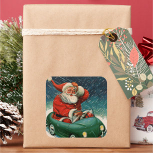 Adesivo Quadrado Natal Antigo, Papai Noel num Carro Fofo