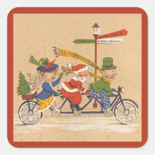 Adesivo Quadrado Natal Antigo, Papai Noel Vitoriano de Bicicleta