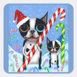 Adesivo Quadrado Natal Boston Terrier Cogs Candy Cane Santa Hat