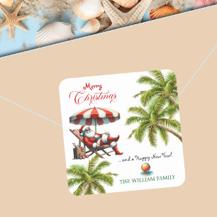 Adesivo Quadrado Natal com Papai Noel sob um Guarda-Chuva de Praia