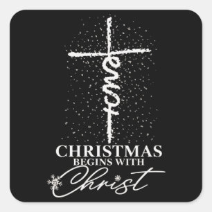 Adesivo Quadrado Natal Comece com Jesus Cristo Cruz Cristã 
