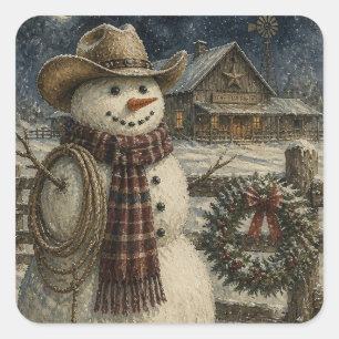 Adesivo Quadrado Natal Country e Western Boneco de Neve Cowboy
