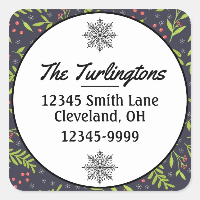 Adesivo Quadrado Natal Cypress Snowflakes Berry Endereço de Devoluç (Frente)