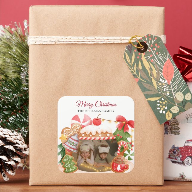 Adesivo Quadrado Natal da Casa de Pão de Pão Personalizado (Feriado)