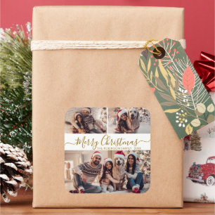 Adesivo Quadrado Natal da Colagem de Fotos do Elegante Dourado Whit