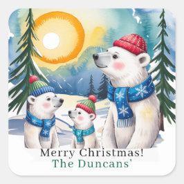 Adesivo Quadrado Natal da família de ursos polares de inverno