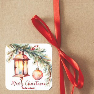 Adesivo Quadrado Natal de Família com Lanterna de Aquarela Tradicio