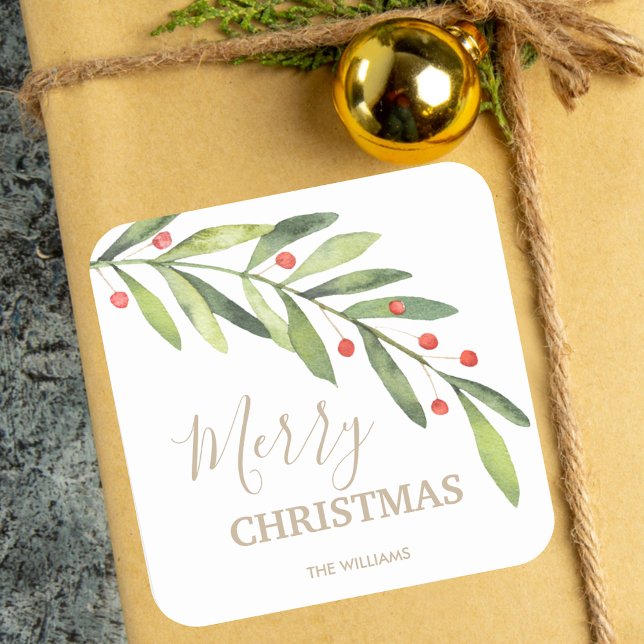 Adesivo Quadrado Natal de Folhas de Azevinho e Frutas (Criador carregado)