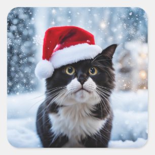 Adesivo Quadrado Natal de gato preto e branco