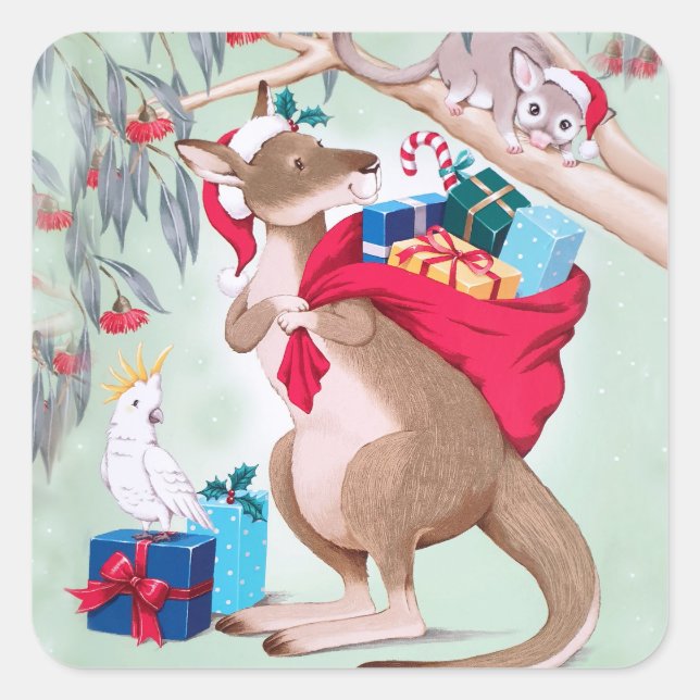 Adesivo Quadrado Natal de Kangaroo - Arte de Natal Australiana (Frente)