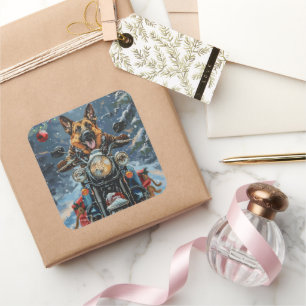 Adesivo Quadrado Natal de Motocicleta german shepherd