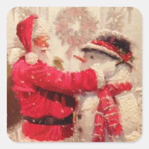 Adesivo Quadrado Natal do boneco de neve de Papai Noel do vintage