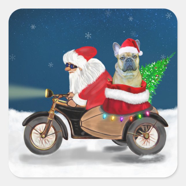 Adesivo Quadrado Natal do Buldogue Francês Papai Noel (Frente)