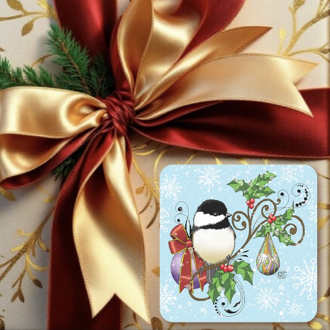 Adesivo Quadrado Natal do Chickadee de inverno (Criador carregado)