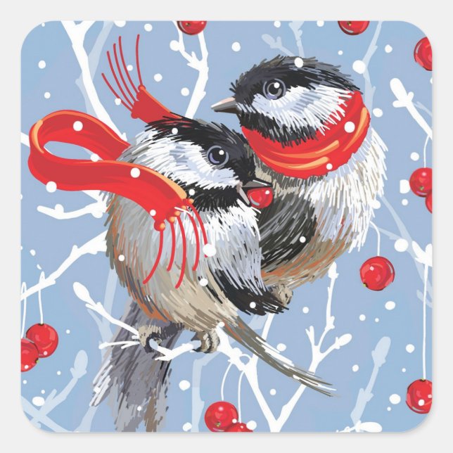 Adesivo Quadrado Natal do Cuddling Chickadees (Frente)