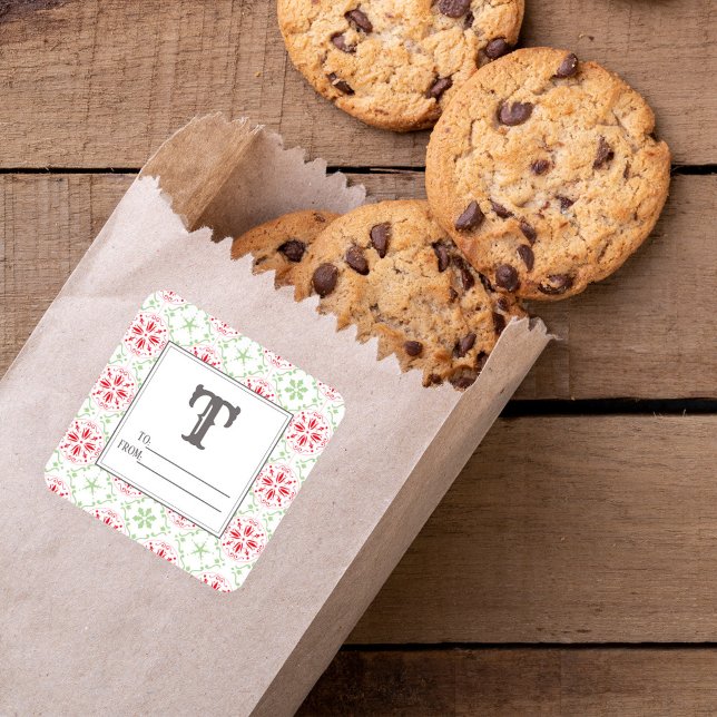 Adesivo Quadrado Natal do Floco de Neve Vermelho e Verde (red and green to and from gift stickers.)