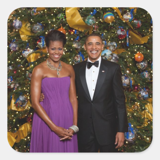 Adesivo Quadrado Natal do Presidente Barack Obama e Michelle (Frente)
