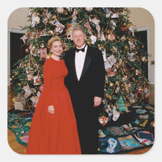Adesivo Quadrado Natal do Presidente dos EUA Bill Clinton & Hillary (Frente)