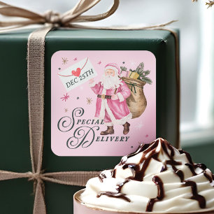 Adesivo Quadrado Natal do Retro Papai Noel, cor-de-rosa com entrega