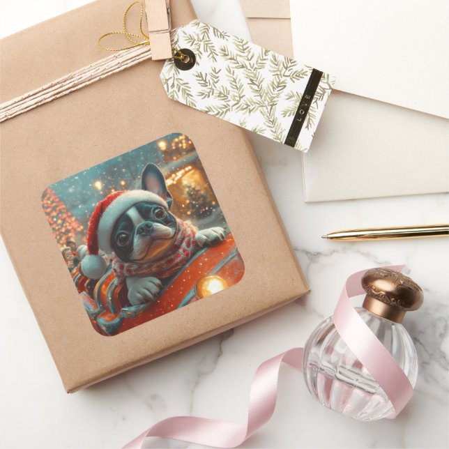 Adesivo Quadrado Natal do Rolador de Cachorro de Boston Terrier (Presentear)