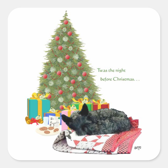 Adesivo Quadrado Natal do Terrier Escocês Sonolento (Frente)
