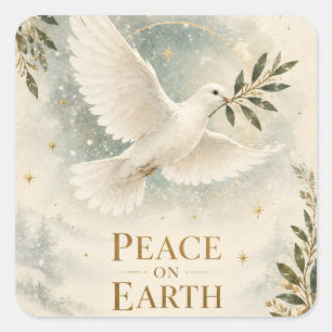 Adesivo Quadrado Natal Elegante da Pomba, Paz na Terra estilo Branc