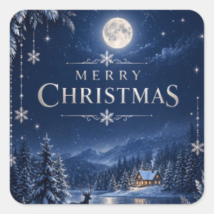 Adesivo Quadrado Natal Elegante de Inverno, Meia-Noite Azul Neve