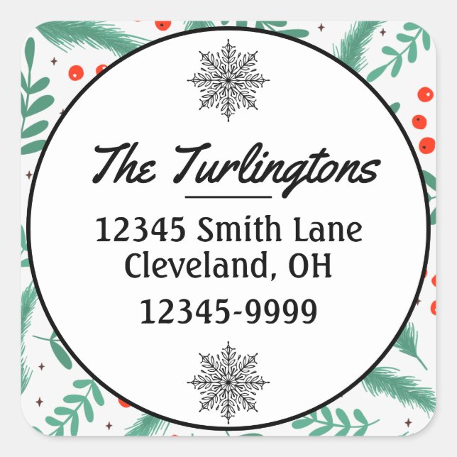 Adesivo Quadrado Natal Evergreen Boughs Holly Endereço de Devolução (Frente)