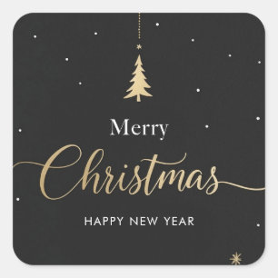 Adesivo Quadrado Natal Feliz Caligráfico Dourado e Preto