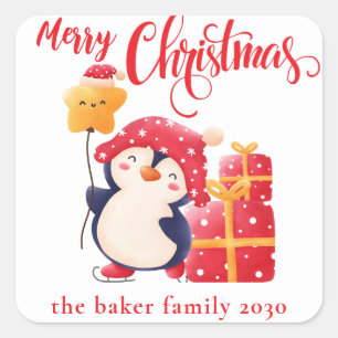 Adesivo Quadrado Natal Festivo Pinguim Vermelho Personalizado