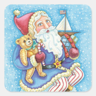 Adesivo Quadrado Natal fofo, Papai Noel na Bola de Neve com Brinque