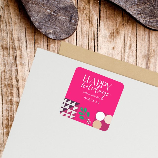 Adesivo Quadrado Natal Geométrico Moderno Pink (Modern Geometric Pink Christmas Square Sticker)