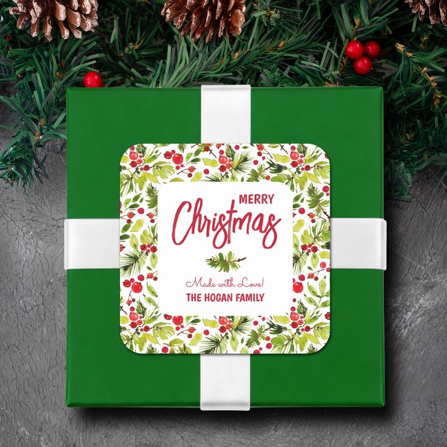 Adesivo Quadrado Natal Greenery Berries - Feriado de Comida Caseira (Merry Christmas, Made with Love square stickers with greenery and red berries)