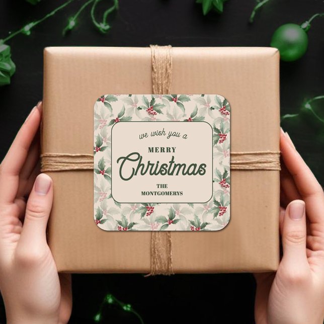 Adesivo Quadrado Natal Holly Berry Comida Feriado Caseiro (We Wish you a Merry Christmas holly and berries homemade food holiday baking round stickers)