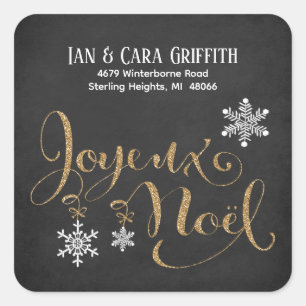 Adesivo Quadrado Natal Joyeux Noel Dourado Glitter Endereço de Reto