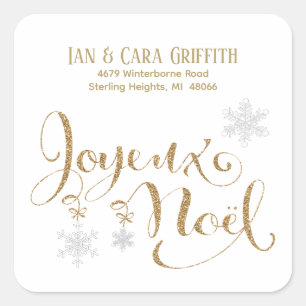 Adesivo Quadrado Natal Joyeux Noel Dourado Glitter Endereço de Reto