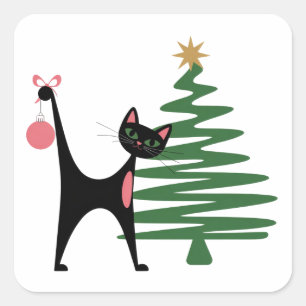Adesivo Quadrado Natal Moderno de Meados do Século Anos 1950 Gato A