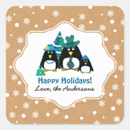 Adesivo Quadrado Natal Personalizado da Família Penguin Engraçado