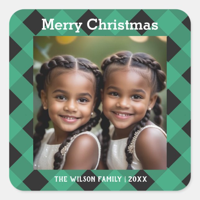 Adesivo Quadrado Natal Personalizado da Xadrez de Buffalo Verde Jad (Frente)