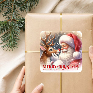 Adesivo Quadrado Natal Personalizado Festivo Papai Noel e Rudoflho