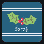 Adesivo Quadrado Natal Personalizado Holly & Berries<br><div class="desc">Estes doces sagrados e bagas são impressos de uma colagem projetada por Helen McCartney Designs.</div>