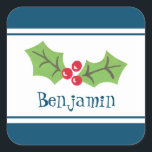 Adesivo Quadrado Natal Personalizado Holly & Berries<br><div class="desc">Estes doces sagrados e bagas são impressos de uma colagem projetada por Helen McCartney Designs.</div>