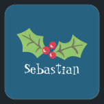 Adesivo Quadrado Natal Personalizado Holly & Berries<br><div class="desc">Estes doces sagrados e bagas são impressos de uma colagem projetada por Helen McCartney Designs.</div>